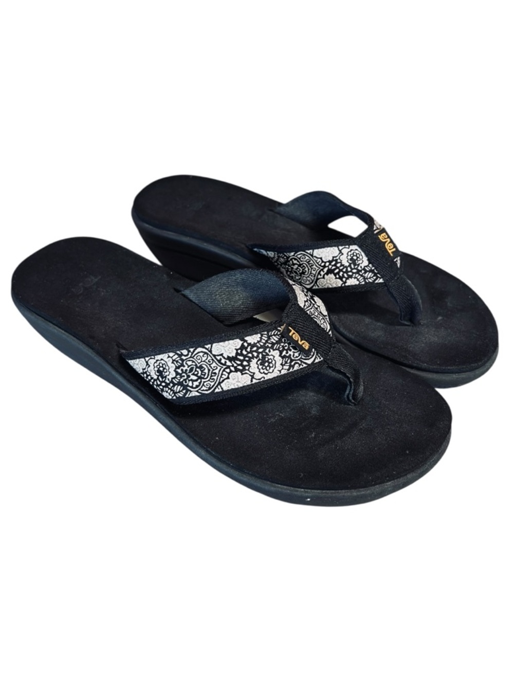 Teva Women’s Sz 10 Black White Voya Wedge Flip Flop Sandals Casual Outdoor